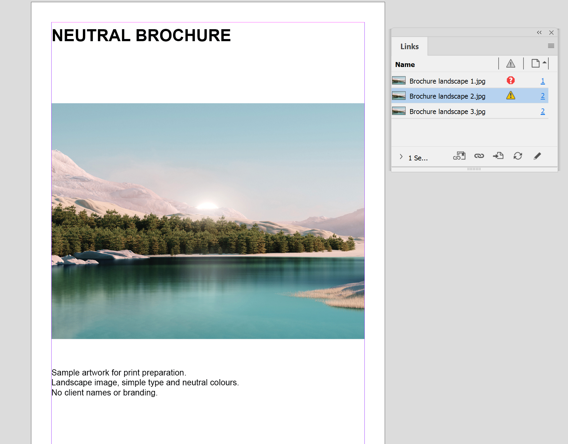 InDesign Links panel showing a missing link and a modified link