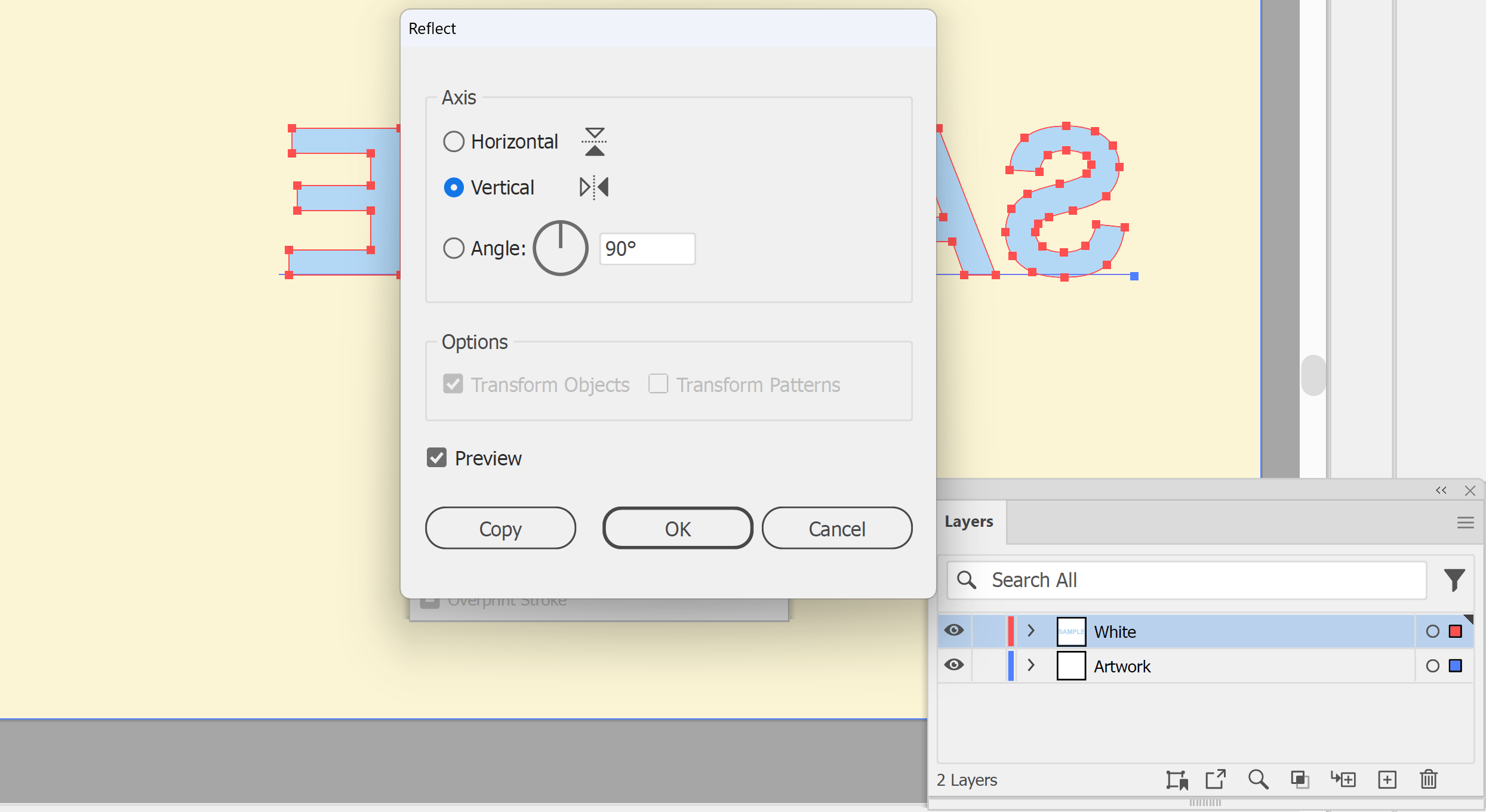 Illustrator Reflect dialog with the vertical axis selected to mirror window artwork