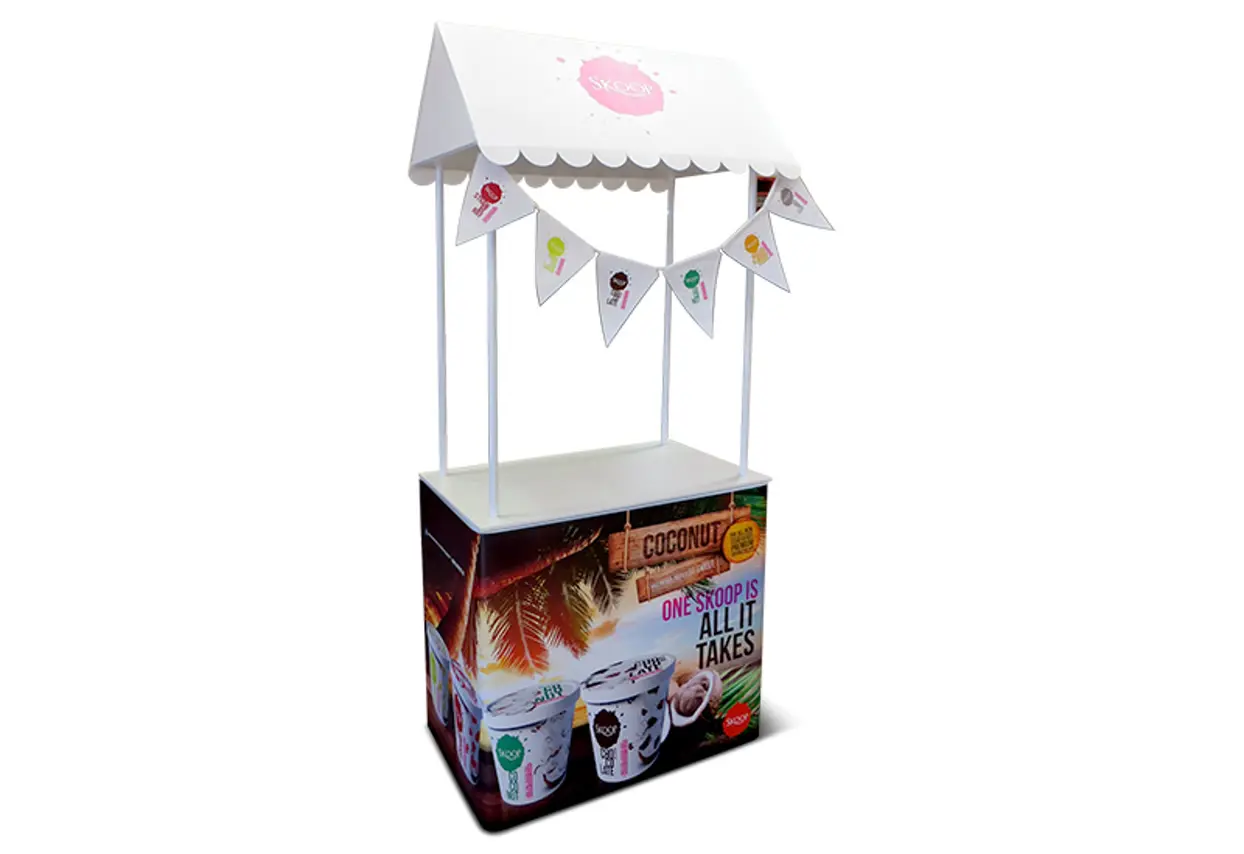 Presenter 1200 sales table with a printed graphic wrap and white top