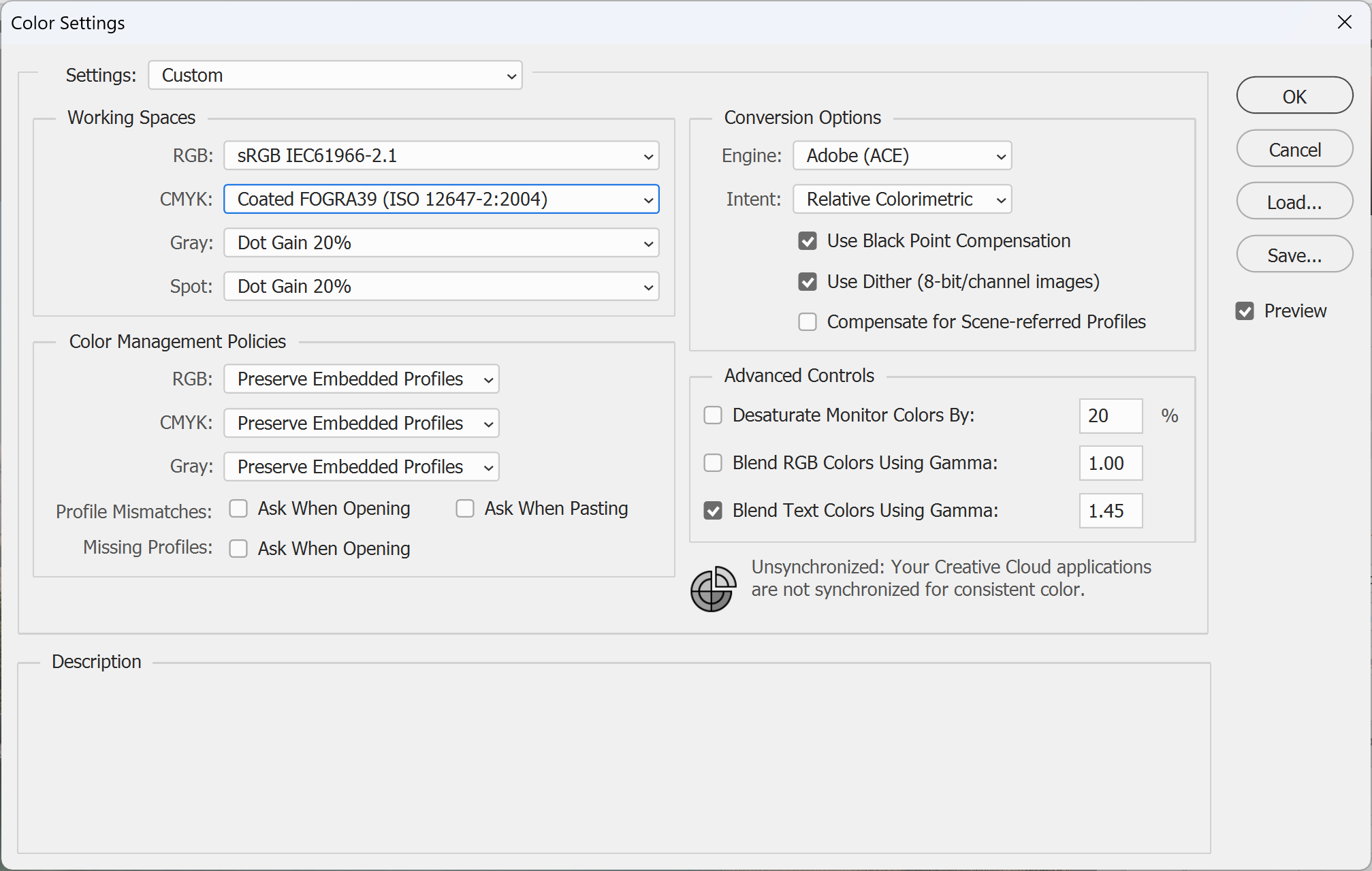 Photoshop Color Settings with the CMYK working space set to Coated FOGRA39