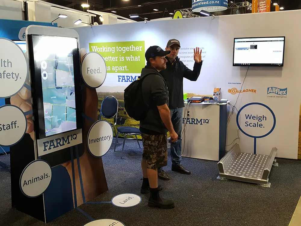 Giant phone-shaped FarmIQ kiosk showing a live farm map, with a weigh scale nearby