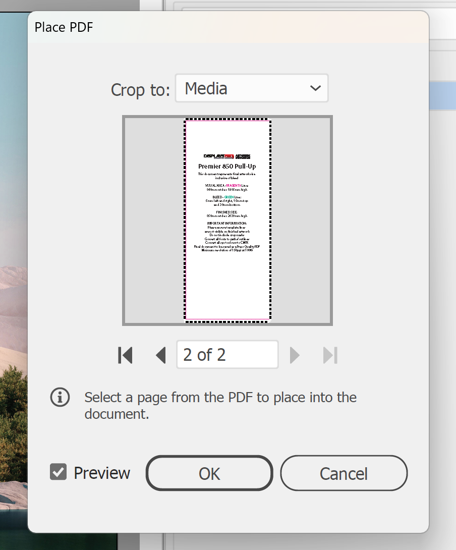 Illustrator Place PDF dialog showing page 2 of a D2G pull-up banner artwork guide