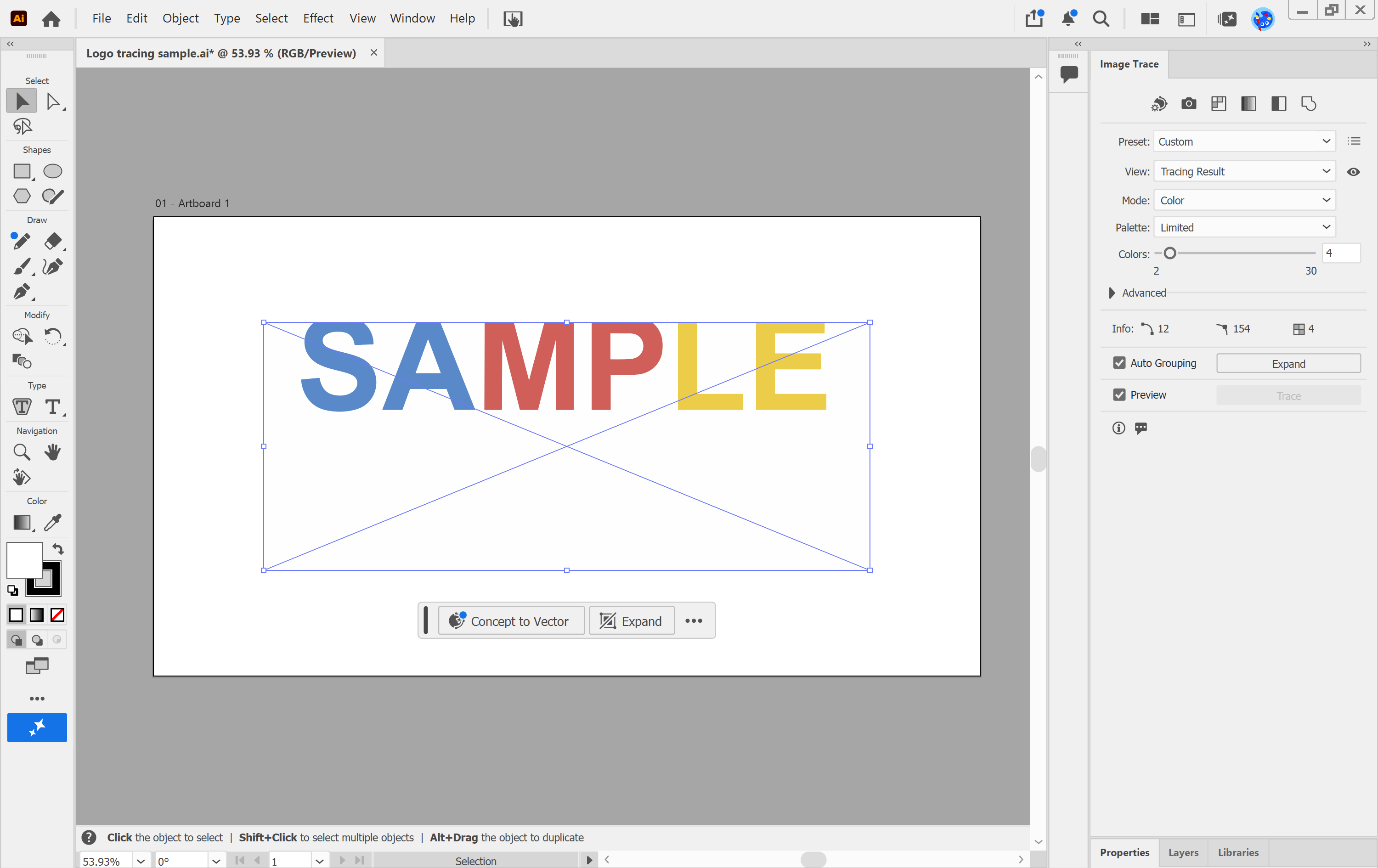 Illustrator Image Trace panel with Mode Color, Palette Limited and Colors set to 4, including the white background