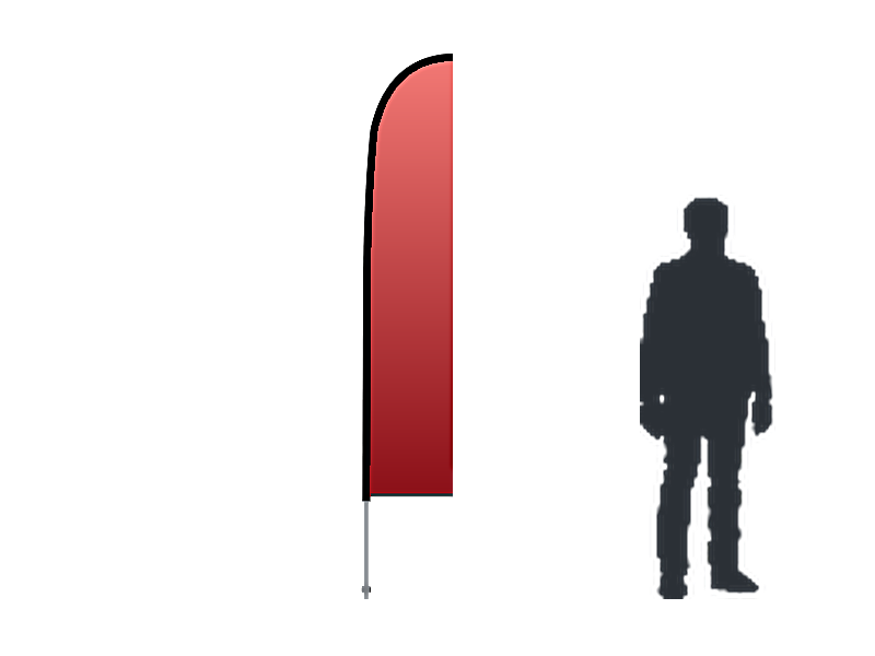 Scale drawing of a 2.5 m Blade 2 Go feather flag beside a person silhouette