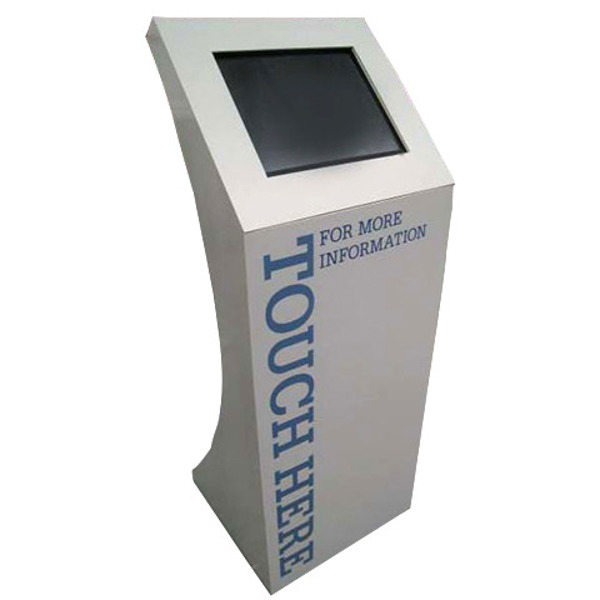 Free-standing grey kiosk with an angled touch screen at the top and the words TOUCH HERE and FOR MORE INFORMATION printed down the front