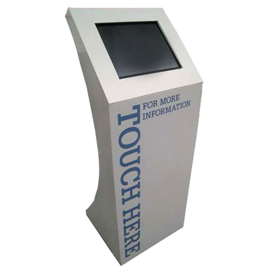 Free-standing grey kiosk with an angled touch screen at the top and the words TOUCH HERE and FOR MORE INFORMATION printed down the front