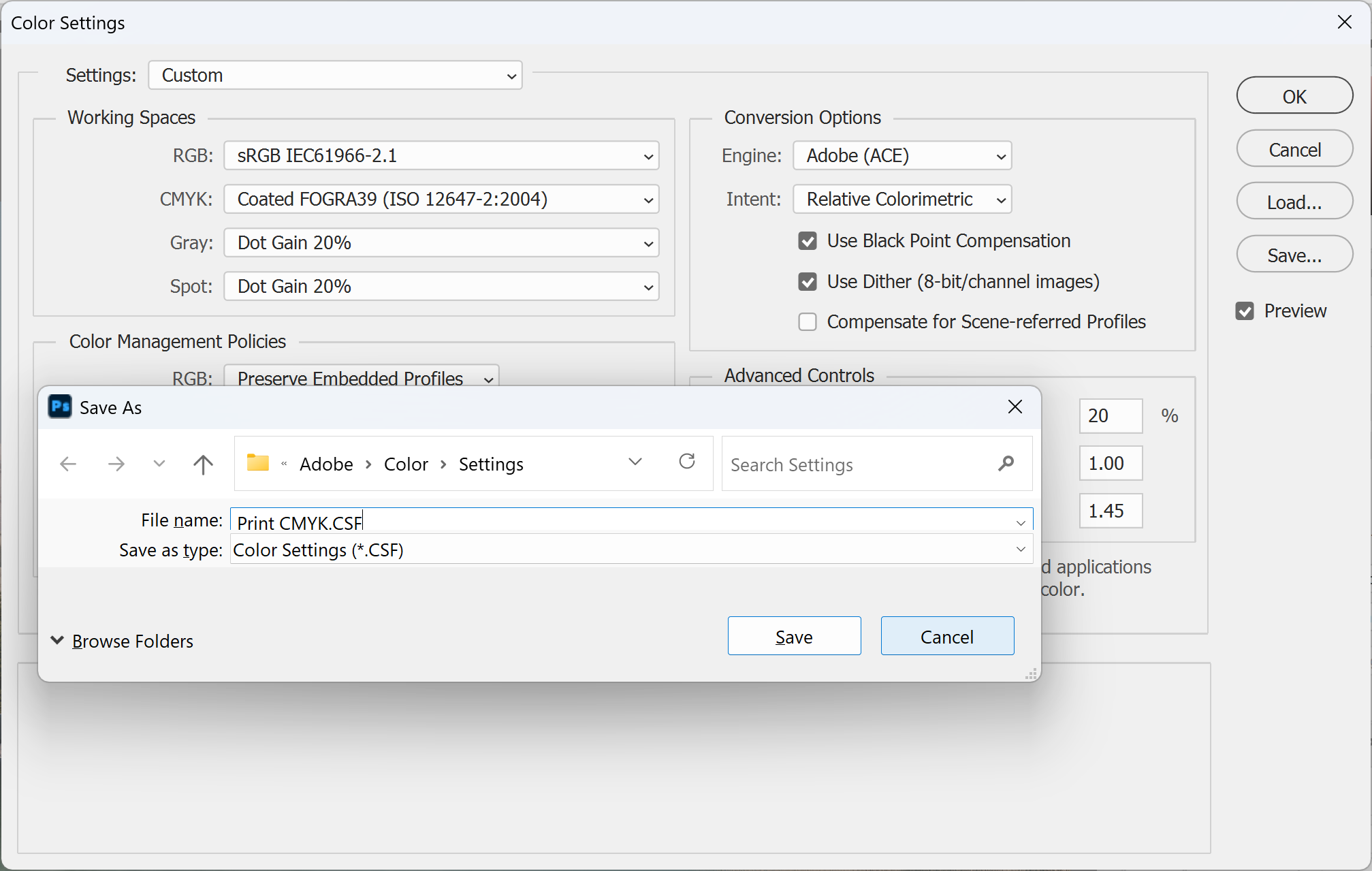 Photoshop Save As dialog saving a Color Settings file named Print CMYK.CSF in the default Settings folder