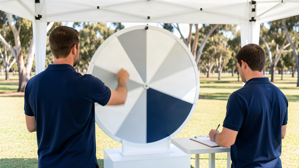 Host running the spin while a second staff member captures entries at a prize wheel