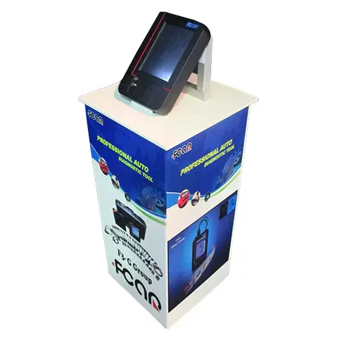 FCAR plinth topped with a diagnostic tool, with product graphics on every side