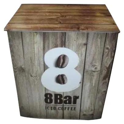 8 Bar Iced Coffee tasting table printed with weathered timber planks and coffee beans