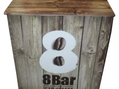 8 Bar Iced Coffee tasting table printed with weathered timber planks and coffee beans