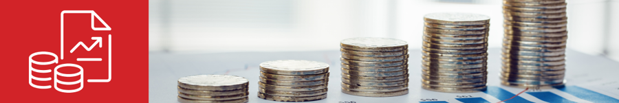 Red banner with a coins and rising-chart document icon beside a photo of coin stacks growing in height