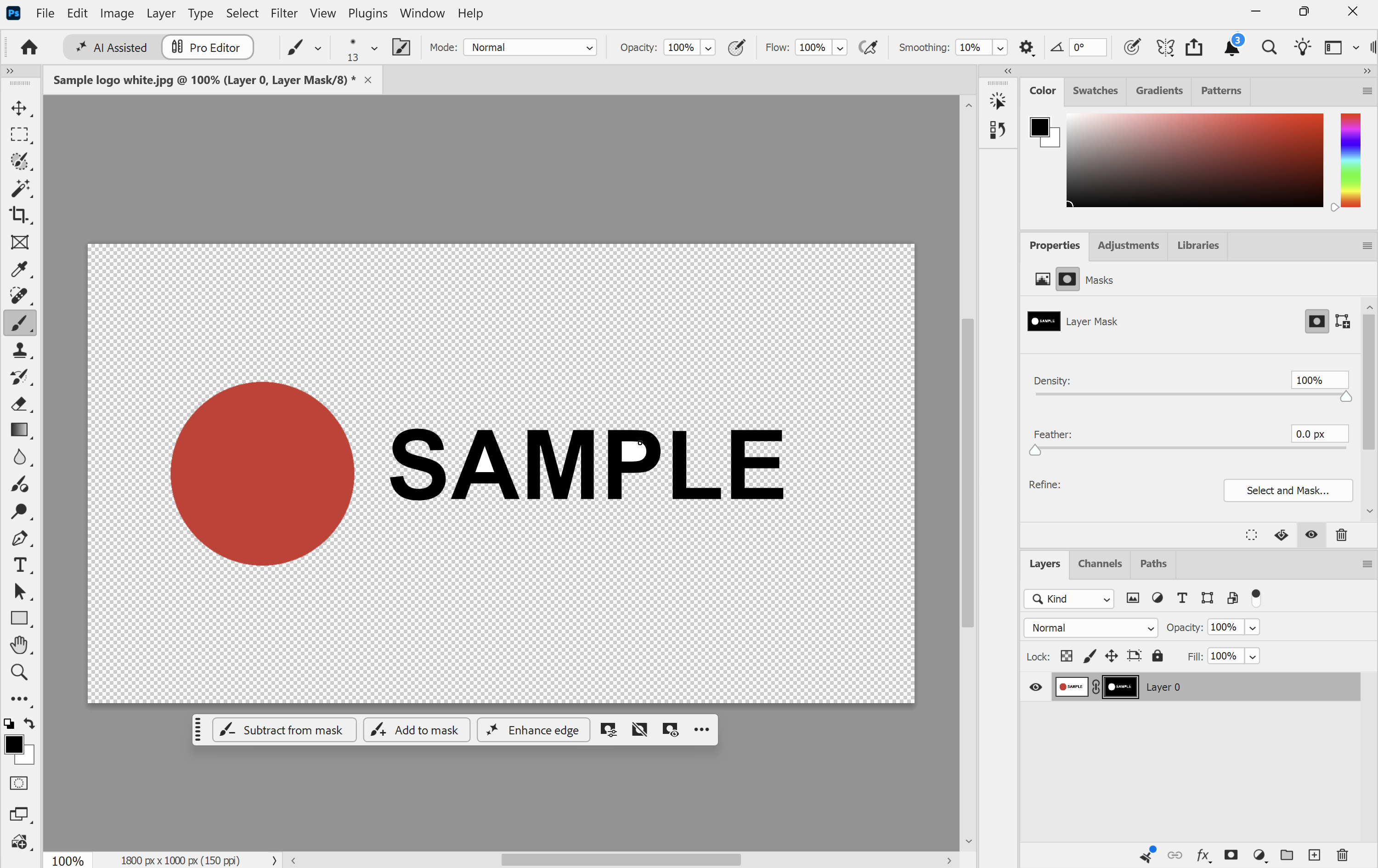 Photoshop layer mask selected in the Layers panel, with the Brush tool active and black as the foreground colour