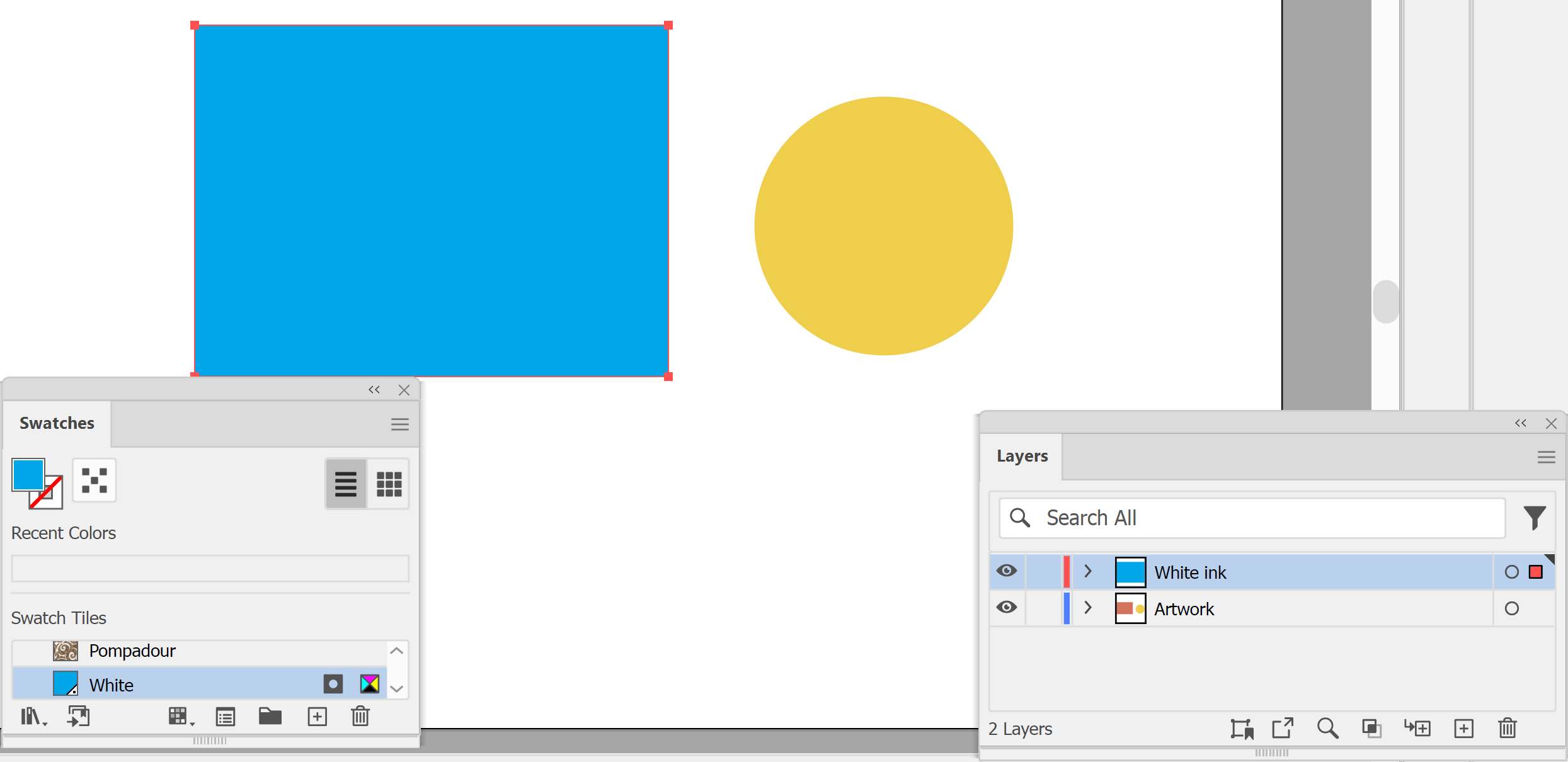Illustrator shape filled with a cyan White spot swatch on the White ink layer, above the Artwork layer