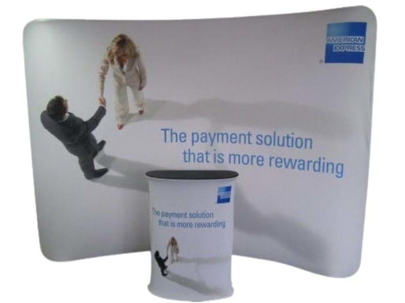 3m width curved SuperWall display wall with counter