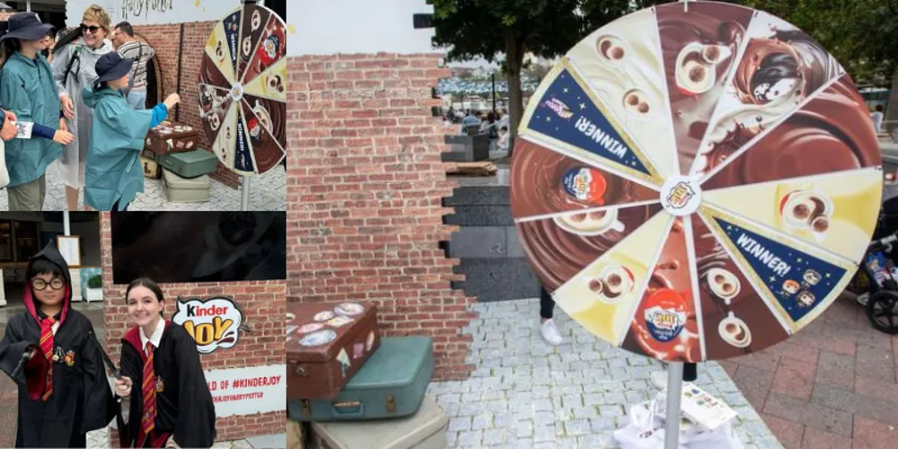 Harry Potter themed Kinder activation with prize wheel and costumed staff