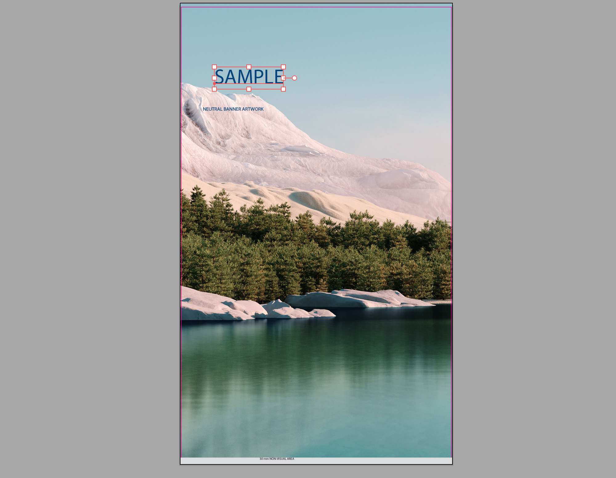 Wider banner artwork in Illustrator with the headline selected inside the magenta trim line