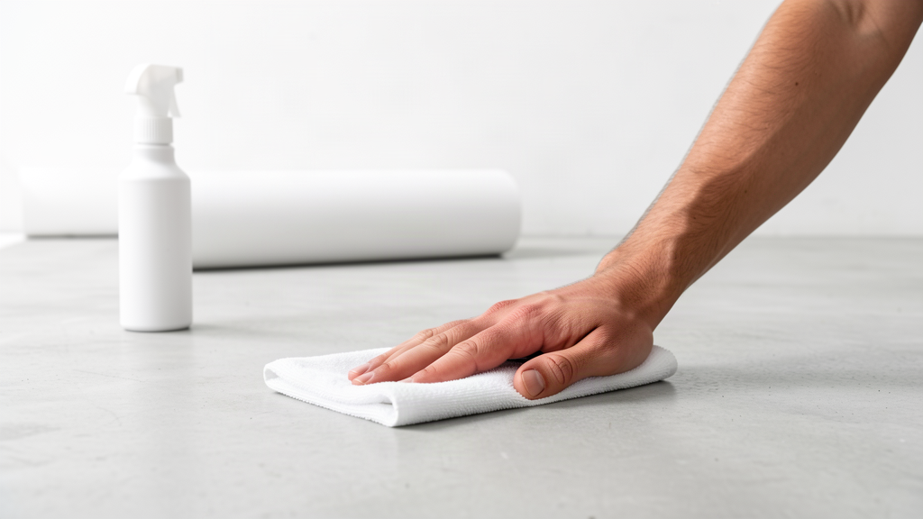 Wiping a floor with isopropyl alcohol before applying a floor graphic