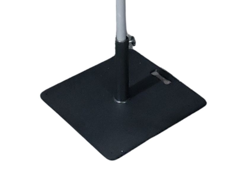 Square steel umbrella base plate lying flat, with the umbrella pole fitted into its centre socket