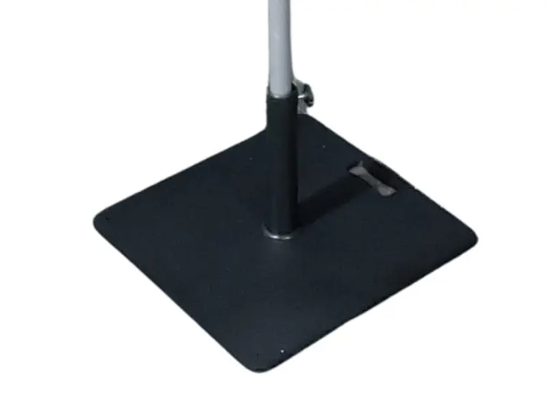 Square steel base holding an umbrella pole