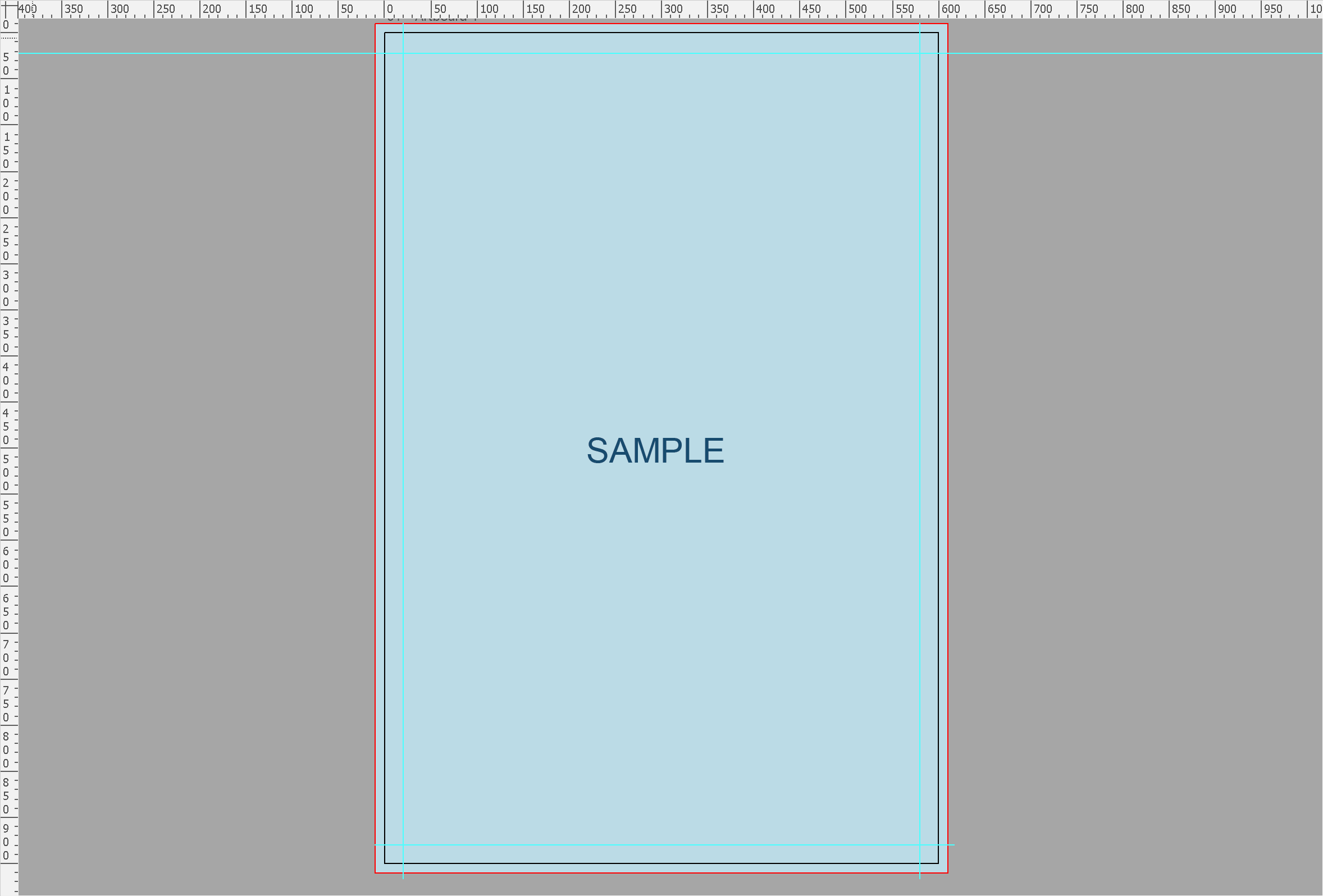 Illustrator artboard with a pale blue background running past the trim to the red bleed line, inside safe-area guides