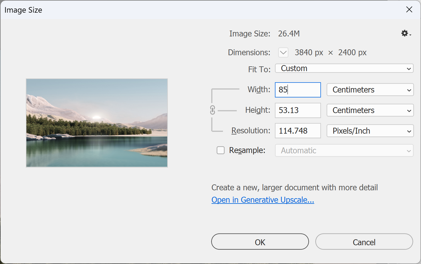 Photoshop Image Size dialog with Resample unticked and the width set to the finished print size