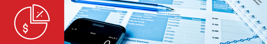 Red banner with a pie chart and dollar sign icon beside a photo of printed expense tables, a pen and a phone calculator
