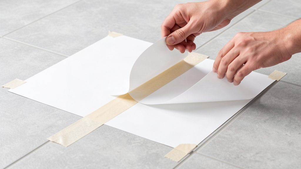 Floor graphic folded back on its masking-tape hinge while the backing liner is peeled away