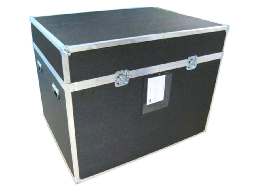 Closed black road case with aluminium edging, latches, side handles and a document pouch on the front