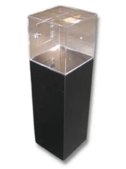 Clear acrylic case on a black plinth, with entry forms visible and a lockable door