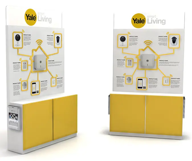 Concept design of a Yale Smart Living stand with a yellow house graphic