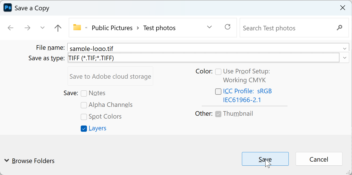 Photoshop Save a Copy dialog with TIFF chosen and Layers ticked