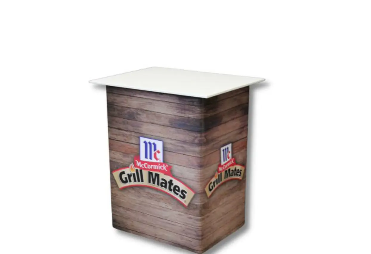 Presenter 800 demonstration table with a printed graphic wrap and white top