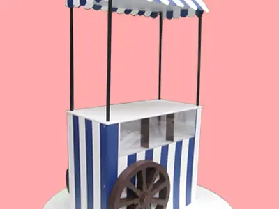 Citibank cart with a blue and white striped awning, Spring Packages header and timber-look wheel