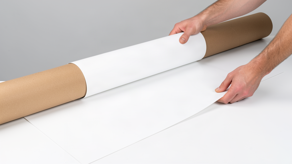 PVC banner being rolled onto a wide cardboard tube